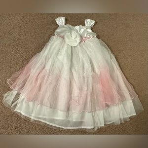 Wedding Flower Girl White Dress Pink Tulle Overlay Costume Pretend Play Dress-up
